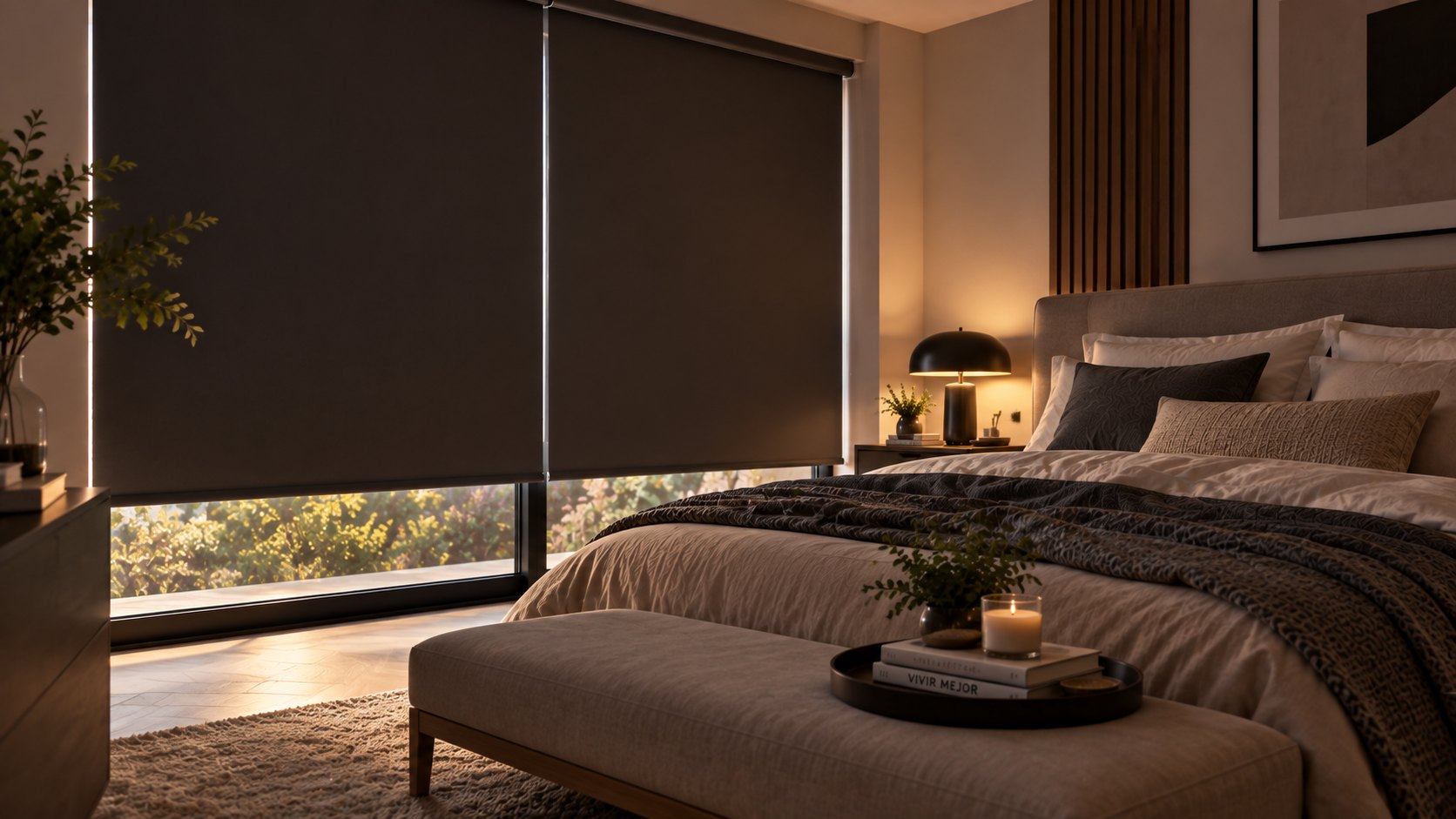 Dormitorio elegante con cortinas Blackout
