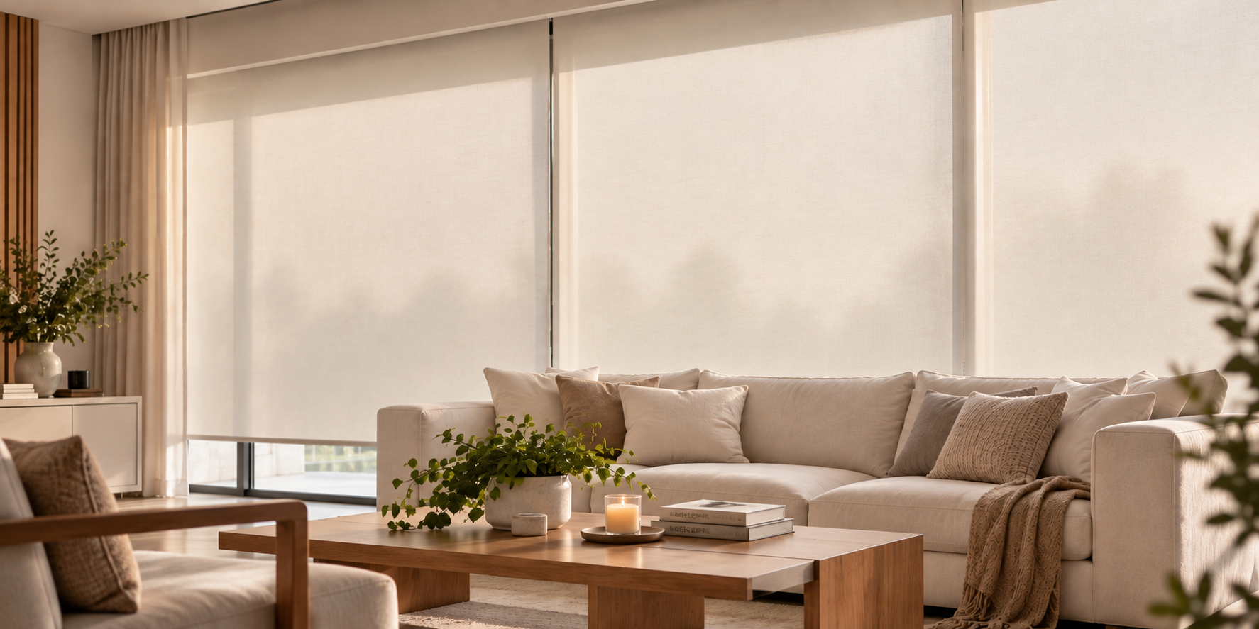 Living luminoso con cortinas